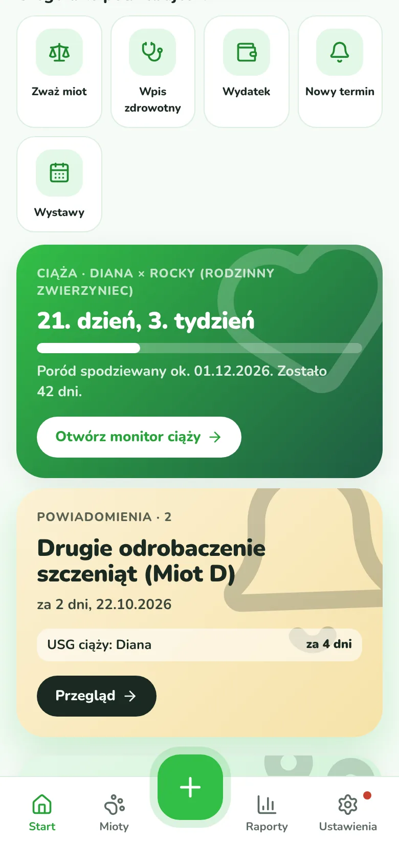 Ekran Start aplikacji Dogpilot: podsumowanie dnia, ciąża, powiadomienia